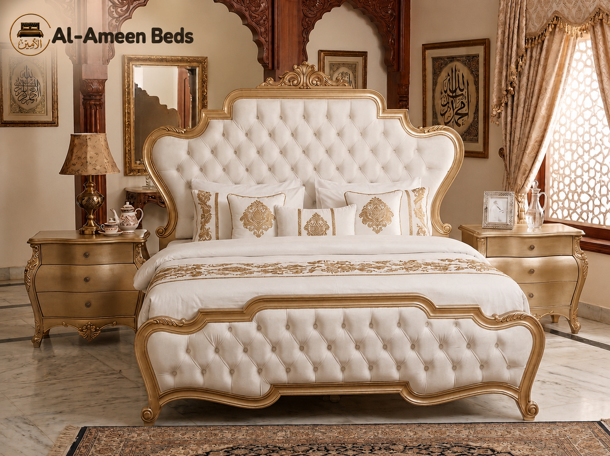 Royal Crest Hand-Carved Crown Bed – Golden Polish & Tufted Comfort