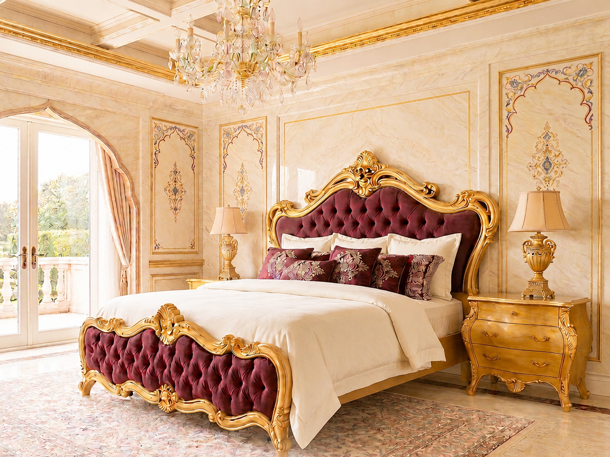 Royal Maroon & Gold Carved Velvet Bed