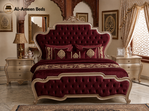 Royal Crest Hand-Carved Crown Bed – Golden Polish & Tufted Comfort