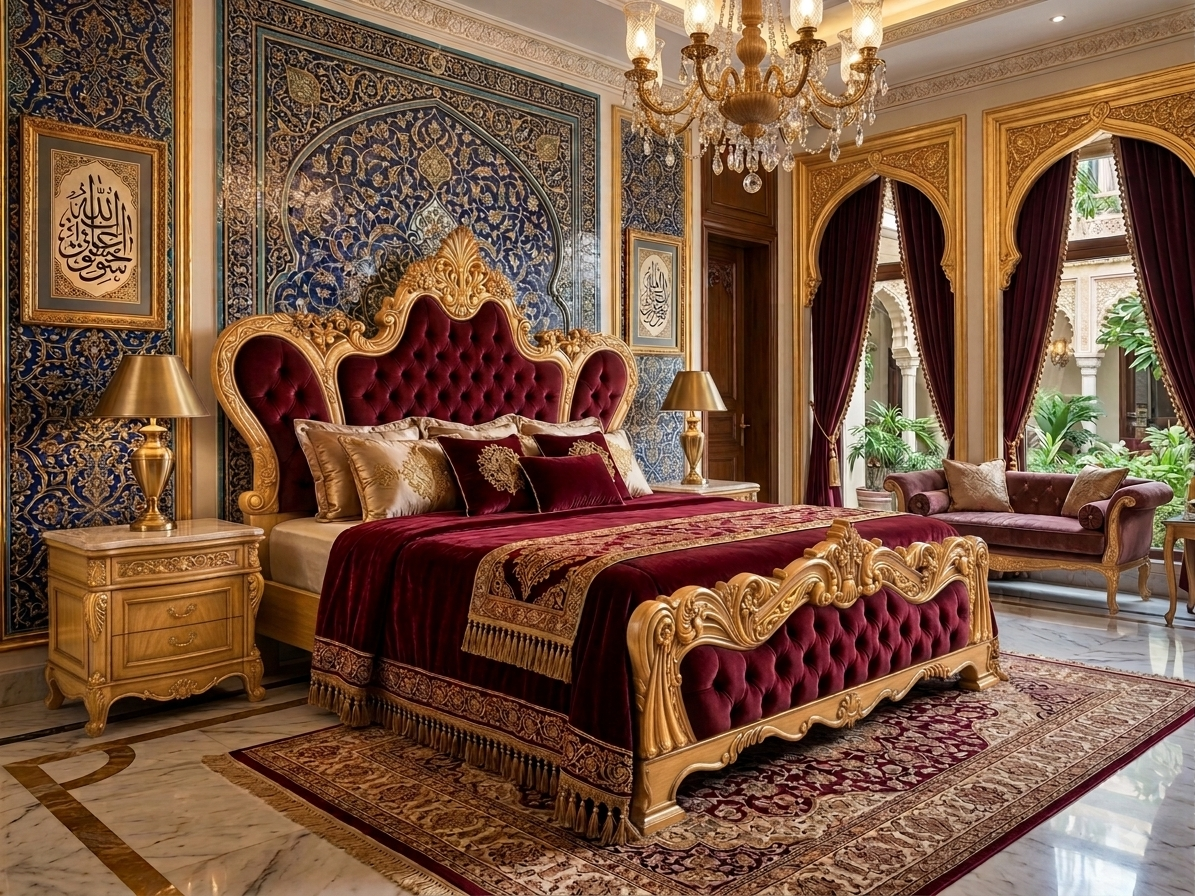 The Imperial Palace Crown Carved Bed – A Masterpiece in Light Gold & Velvet