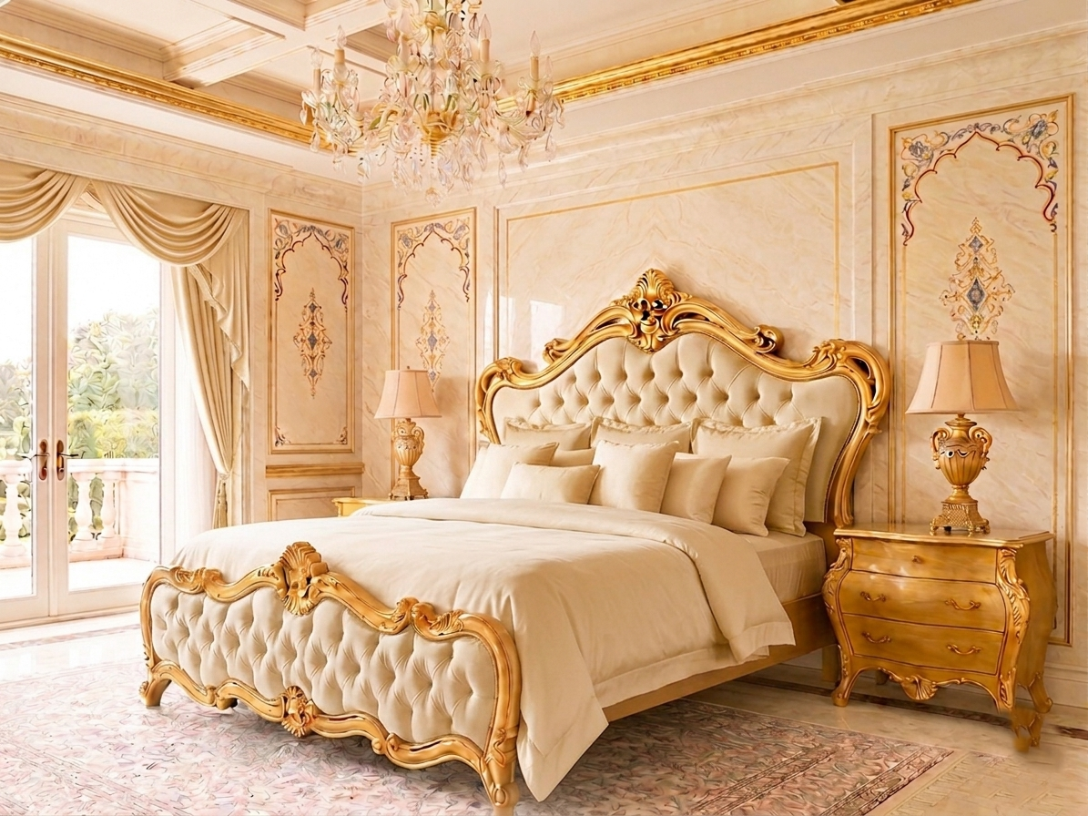 Royal Maroon & Gold Carved Velvet Bed