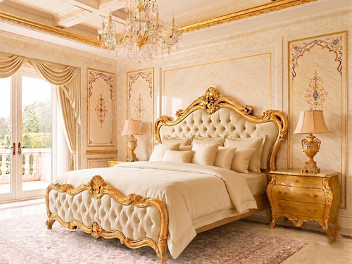 Royal Maroon & Gold Carved Velvet Bed