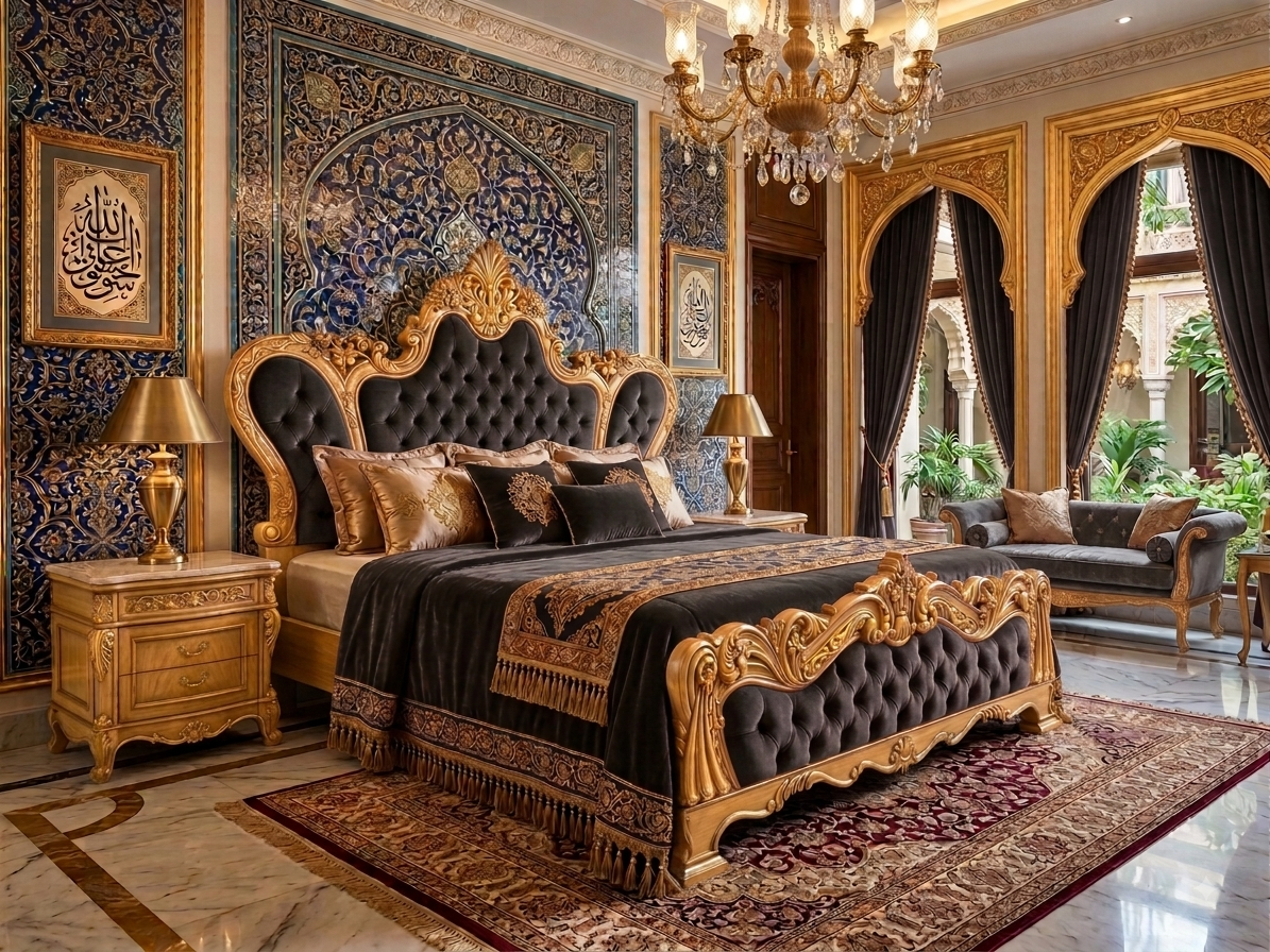 The Imperial Palace Crown Carved Bed – A Masterpiece in Light Gold & Velvet