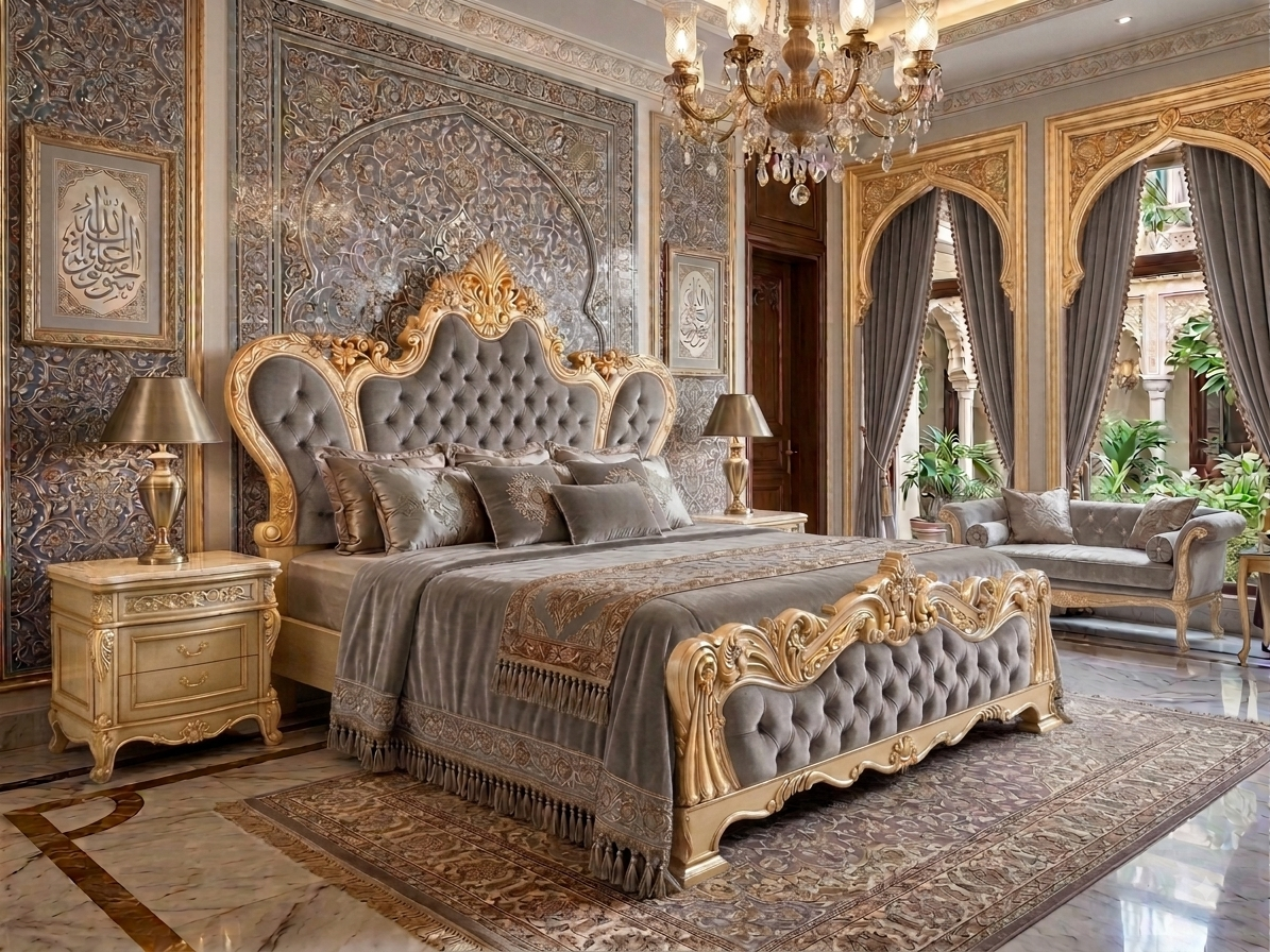 The Imperial Palace Crown Carved Bed – A Masterpiece in Light Gold & Velvet