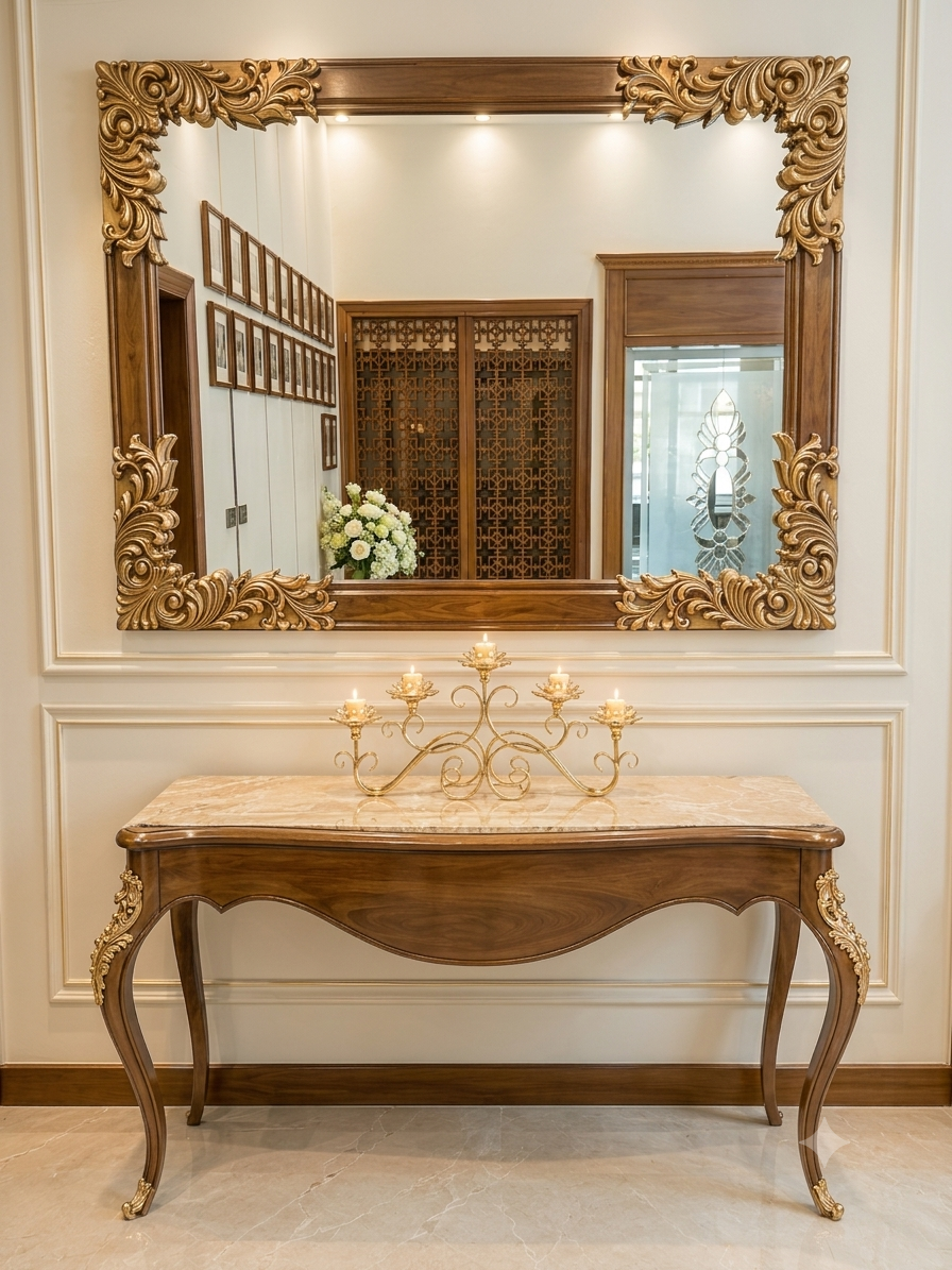 Royal Chinioti Carved Wooden Console Table & Mirror Set